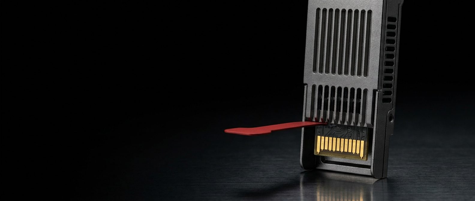 A 400G QSFP-DD optical transceiver with a red pull-tab