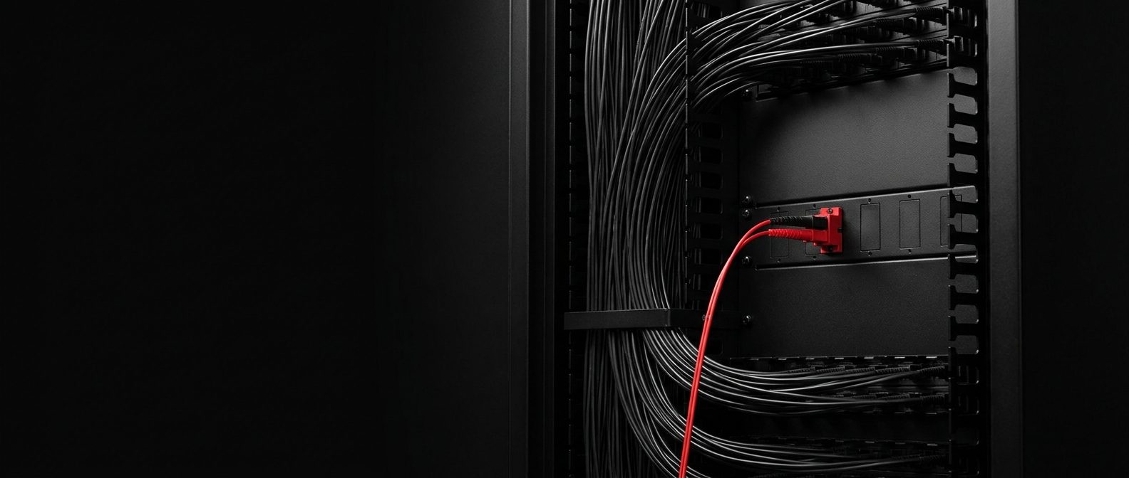 Modern fiber distribution frame with a single red LC patch cord branching from the bundle
