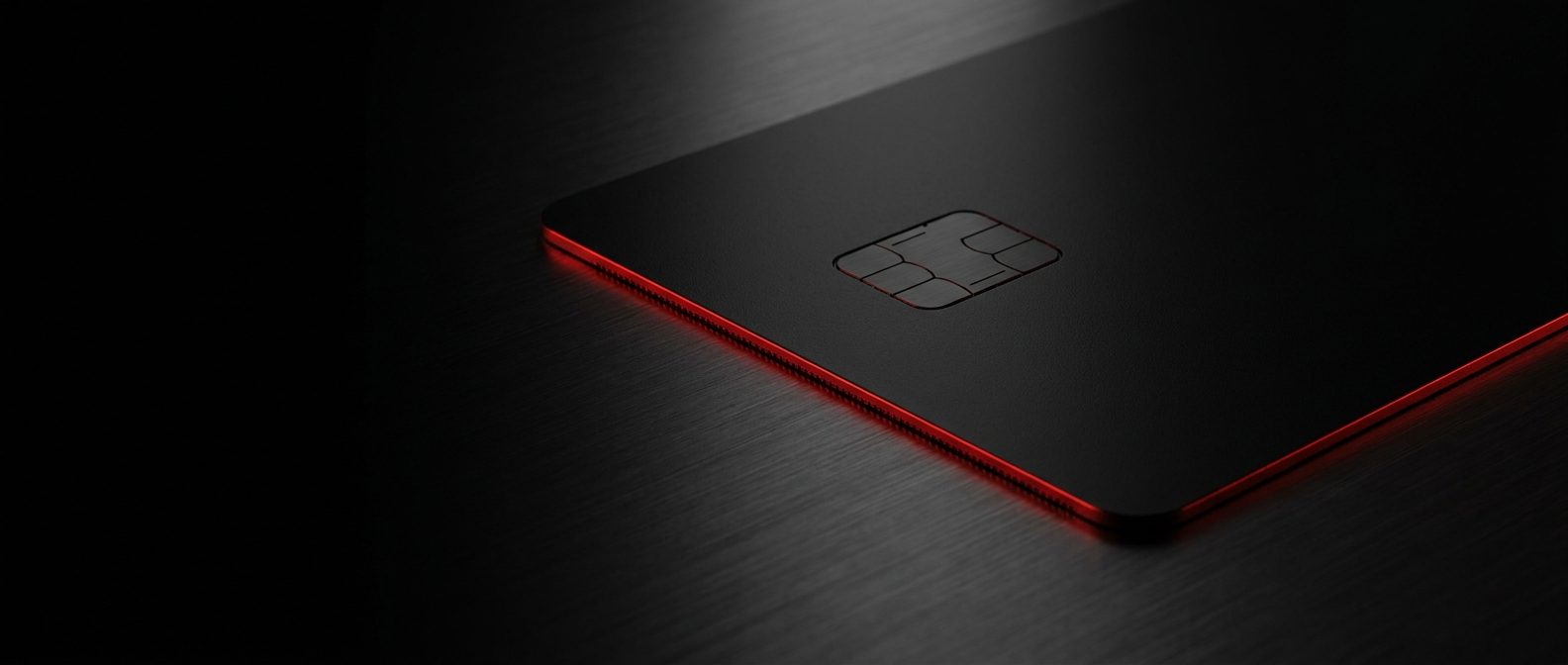 Matte black metal membership card with a red rim light