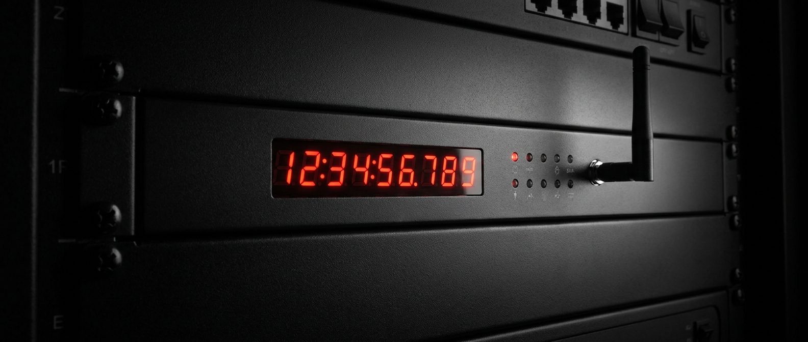 PTP grandmaster clock with a red seven-segment time display